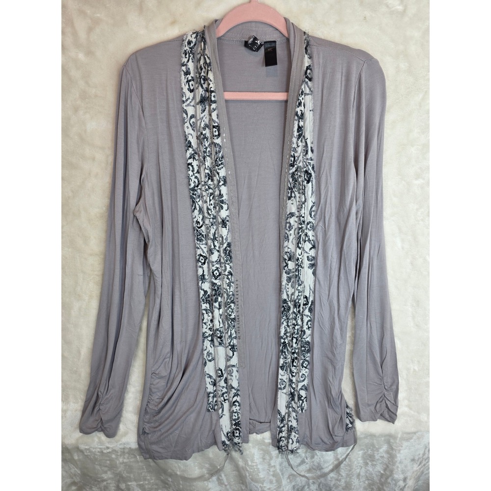 BKE Boutique‎ Taupe Mauve Open Front Cardigan Embellished Scarf Trim XL